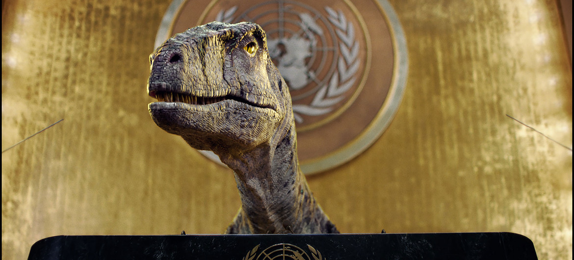 In a UNDP short film, Frankie the dinosaur urges world leaders not to choose extinction.